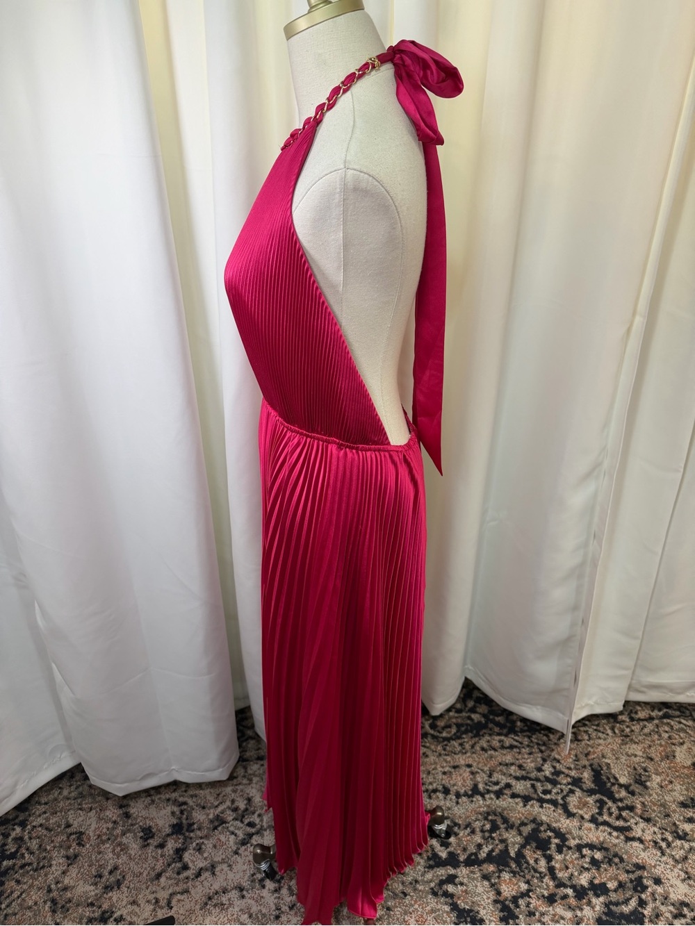 Milly ‘Kora’ Fuchsia Pink Accordion Pleated Satin Halterneck Maxi Dress Size 10 - Picture 7 of 16
